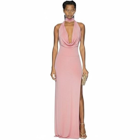 New Aya Muse Edo Halterneck Draped Maxi Dress S Light Pink - Picture 1 of 10